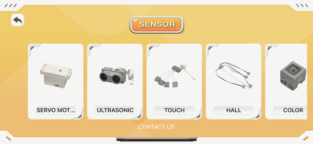 QY STEM - Um menu de seleção de sensores de hardware de robótica, incluindo sensores ultrassônicos e de toque, no aplicativo QY STEM