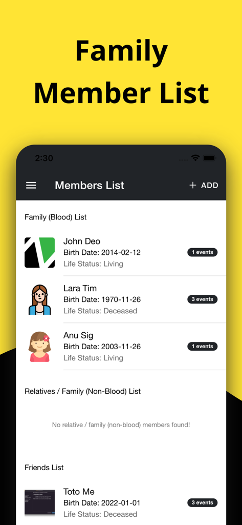 ClansRoot - Family Tree Maker - A screenshot of the ClansRoot app displaying a list of family members, relatives, and friends with their birth dates and status