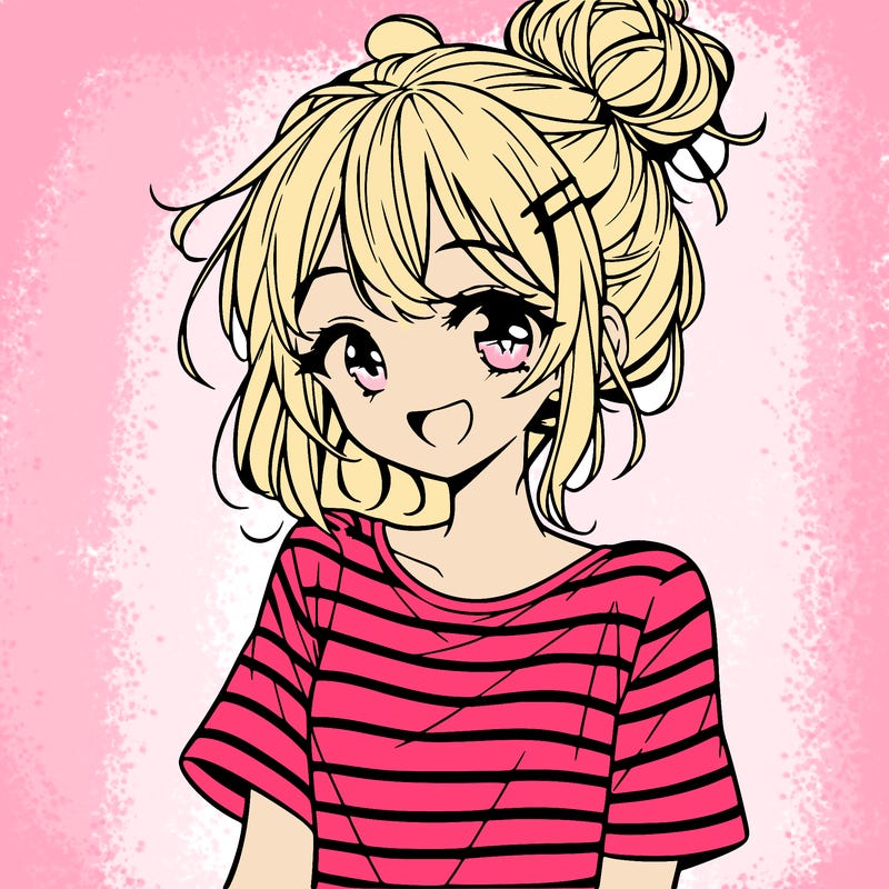 anime girl teenager striped shirt and smile and messy bun