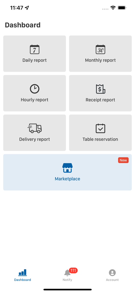 iPOS.vn Manager - Panel principal de la aplicación iPOS.vn Manager que muestra categorías de informes para ventas y operaciones de restaurantes