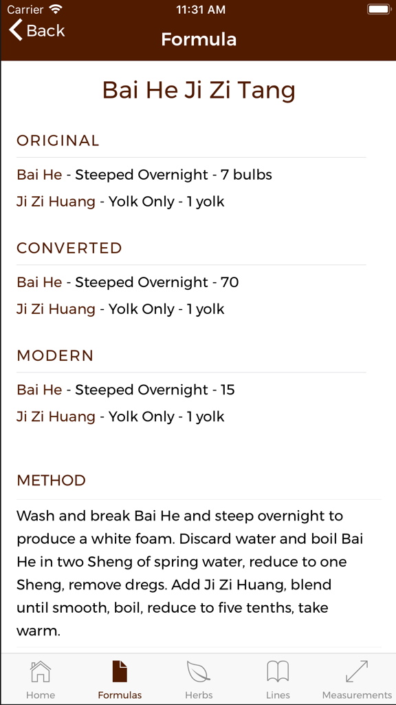 Chinese Medicine Classics - Screenshot of the Chinese Medicine Classics app showing the formula details for Bai He Ji Zi Tang including original and modern dosages