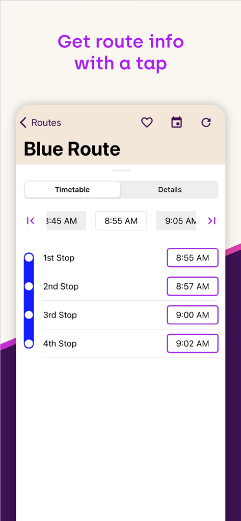 TripShot app interface displaying a shuttle bus route schedule with stop arrival times