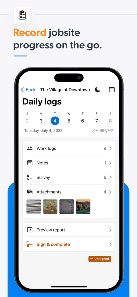 Raken Construction Management - Raken construction management app interface showing daily progress logs and jobsite documentation on a smartphone