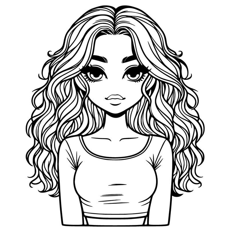 a realistic girl with wavy hair and a crop top shirt