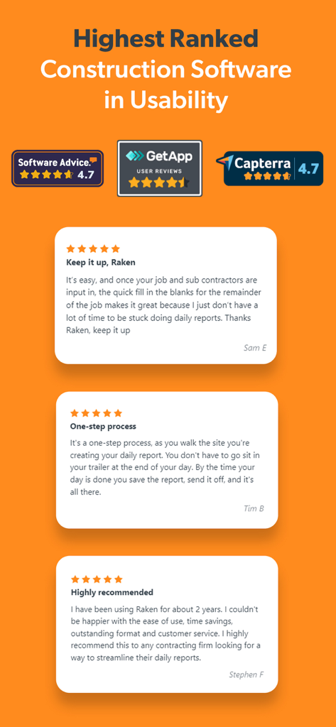 User reviews and top usability ratings for Raken Construction Management app from Software Advice GetApp and Capterra