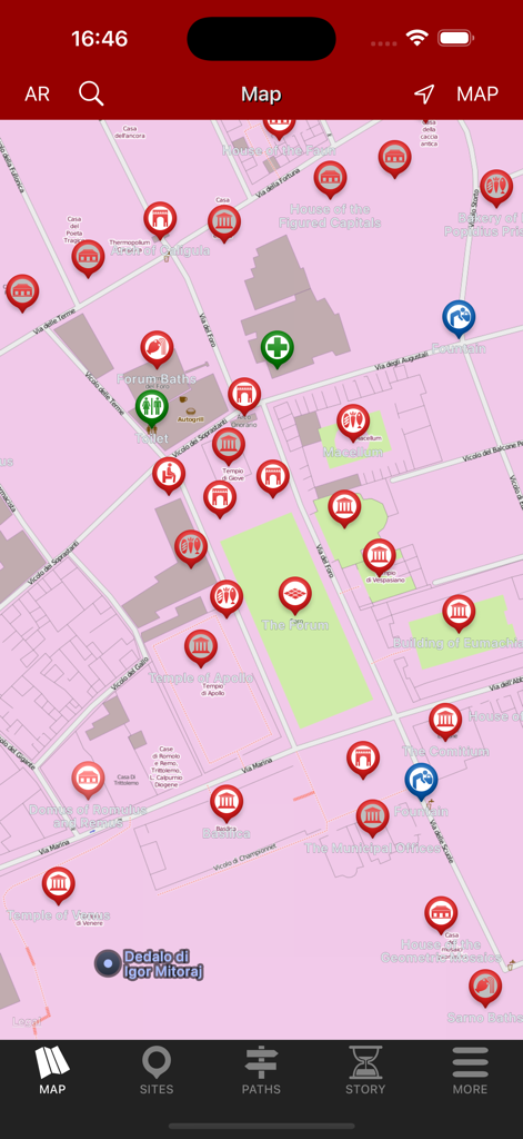 Mapa interactivo del sitio arqueológico de Pompeya con marcadores para puntos de referencia históricos y de interés