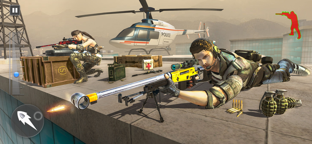 Two snipers aiming rifles on a rooftop near a police helicopter in a tactical shooting game
