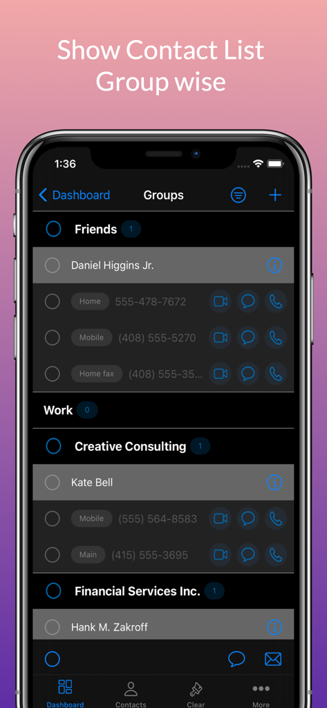 Contact Manager + - Interfaz de la aplicación Contact Manager que muestra contactos organizados por categorías como Amigos y Trabajo.
