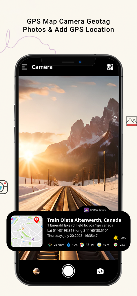 GPS Camera - Location Stamp - GPS Camera app interface showing a photo with a location stamp and GPS data