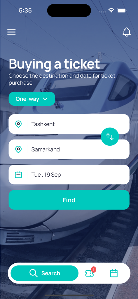 Search screen for the Uzrailways tickets app showing train booking fields for Tashkent to Samarkand.