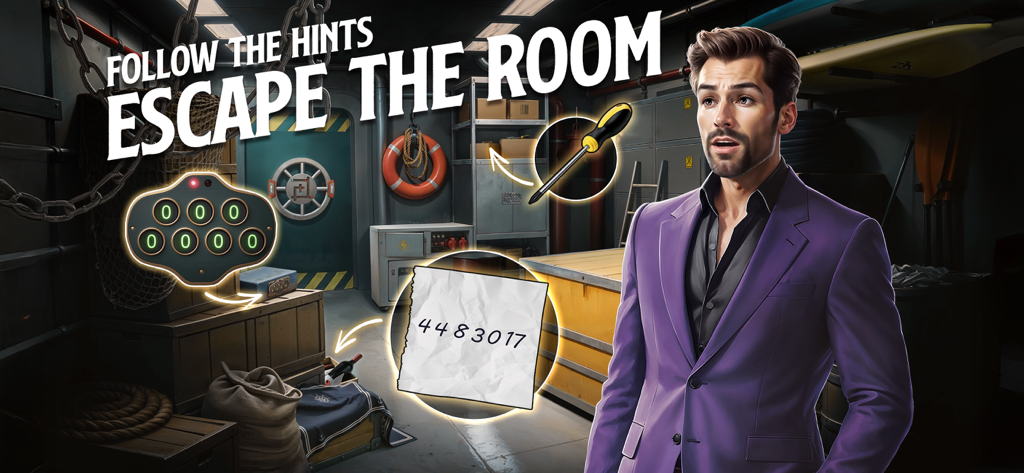 Rooms & Exits: Puzzle escape - Un hombre con traje morado está en un almacén con pistas de puzzles que incluyen un destornillador y una nota con un código numérico.