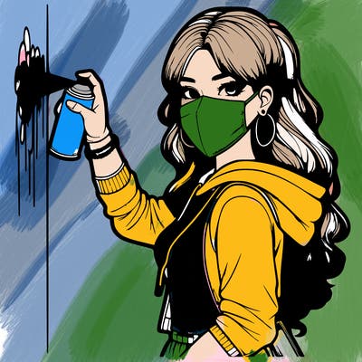 realistic girl with mask spray painting a wall