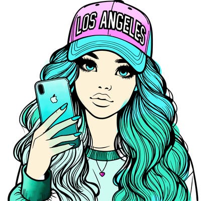 realistic beautiful girl wearing los ángeles cap holding an iphone