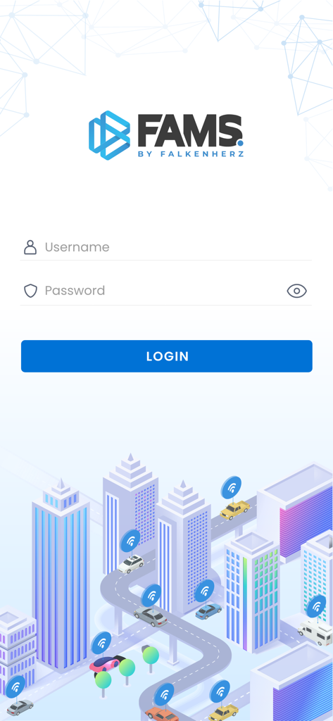Anmeldebildschirm der FAMS Mobile Flottenmanagement-App mit Feldern für Benutzername und Passwort