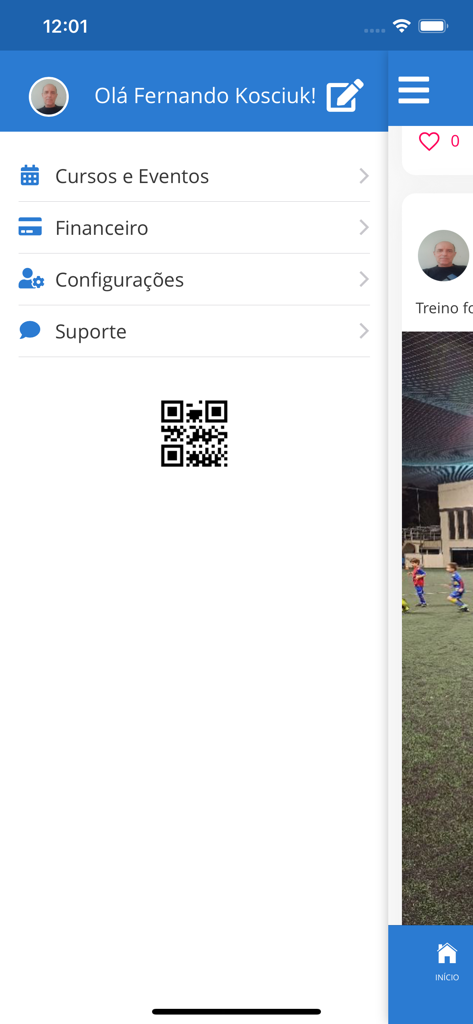 Olímpia Escola de Futebol - Side navigation menu for the Olimpia soccer school app featuring user profile settings and QR code.