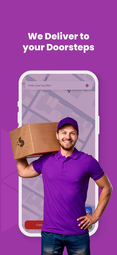 Bazzaar - A delivery man in a purple shirt carrying a box with the Bazzaar app map interface behind him
