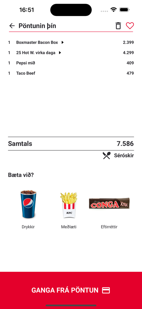 KFC Iceland - Una captura de pantalla de la aplicación móvil de KFC Islandia mostrando un resumen detallado del pedido y un botón rojo de pago.