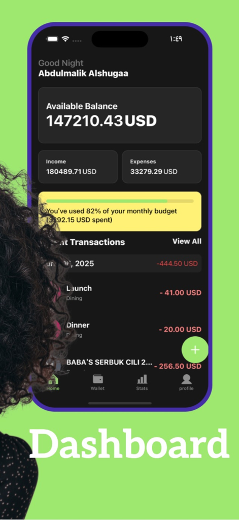 SpendWise: PFM - SpendWise PFM app dashboard showing available balance income expenses and budget progress
