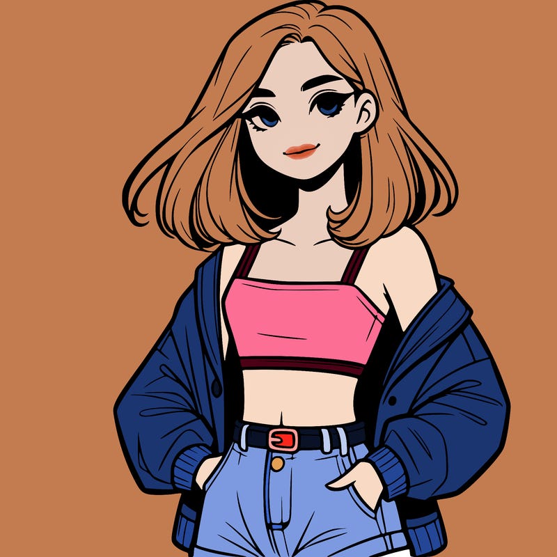 a realistic girl with a crop top and short shorts in an open jacket