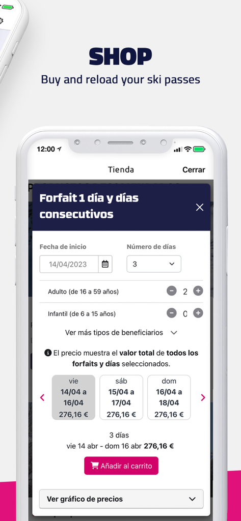 Sierra Nevada - Interfaz de la app móvil de Sierra Nevada para seleccionar y comprar pases de esquí