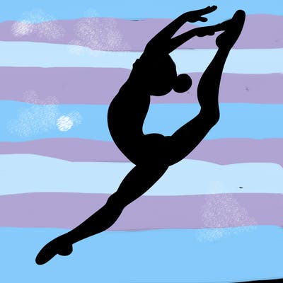 gymnast doing a leap in a leotard with a bent back leg