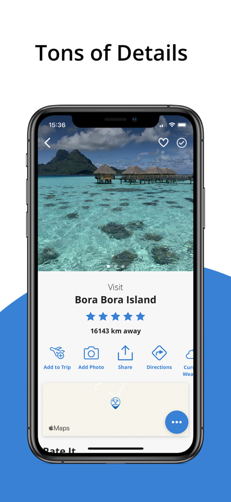 Tripbucket Mobile App - Screenshot dell'app TripBucket che mostra i dettagli di viaggio per l'isola di Bora Bora con una foto della destinazione, una mappa e strumenti di pianificazione
