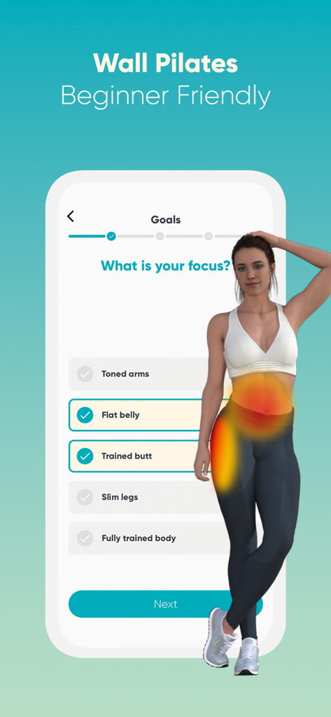 Eine Handy-App-Oberfläche, die einen Bildschirm zur Auswahl von Fitnesszielen für Wall Pilates zeigt, mit Optionen wie flacher Bauch und trainierter Po, hervorgehoben auf einem weiblichen 3D-Modell.