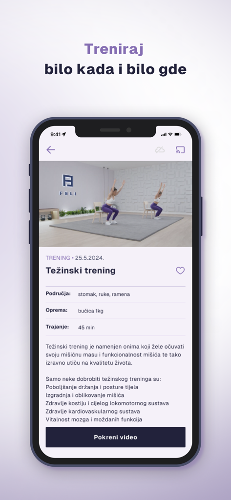 Interface de l'application mobile Feli montrant une vidéo d'haltérophilie et les détails des exercices pour les entraînements à domicile.