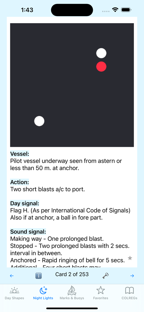 Sail Safe - Educational flashcard for pilot vessel navigation lights and signals in the Sail Safe app