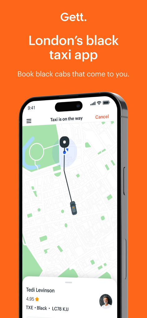 Smartphone screen displaying the Gett app tracking a black taxi on a map in London