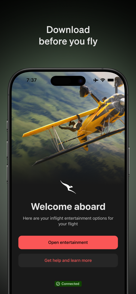 영화 스틸컷과 열린 엔터테인먼트 버튼이 표시된 스마트폰의 Qantas Entertainment 앱 환영 화면.