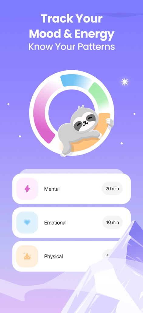 ADHD Coach & Planner - Sunrise - Screenshot dell'app ADHD Coach and Planner Sunrise che mostra un'interfaccia di monitoraggio dell'umore e dell'energia con una simpatica illustrazione di un bradipo.