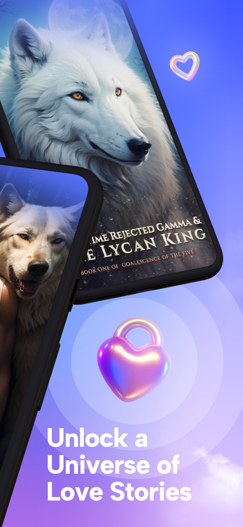 MyPassion: Read, Listen Novels - MyPassion app screen showing werewolf romance novels with a white wolf cover and the text Unlock a Universe of Love Stories