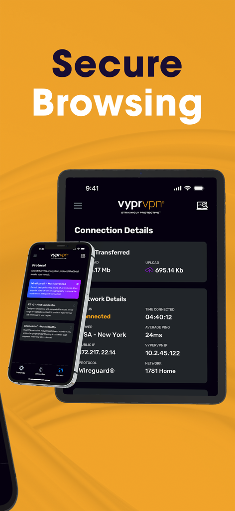iPhone 및 iPad의 VyprVPN 앱 인터페이스에 보안 연결 세부 정보 및 프로토콜 선택 표시