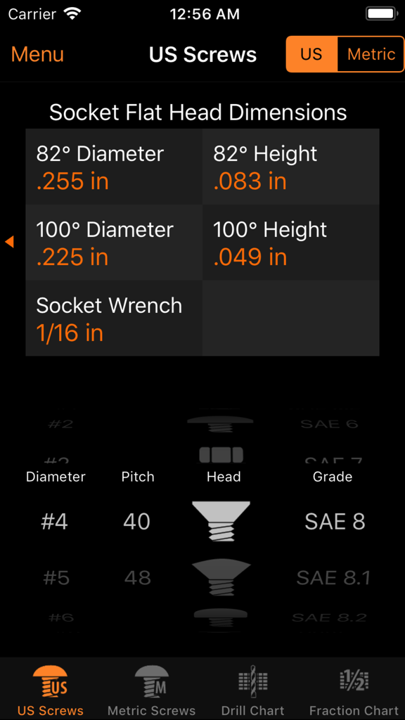 iEngineer - iEngineer app screen showing technical dimensions for socket flat head US screws