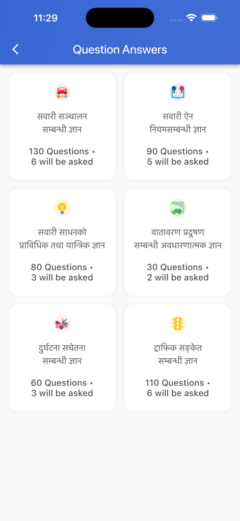 Nepal Driving License App - Question categories for the Nepalese driving license written exam including traffic signs and vehicle laws.