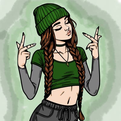 realistic teenage girl with braids and a beanie and crop top doing 🫶🏼