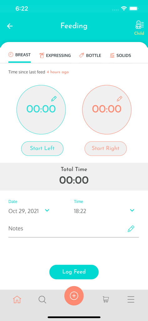 Nanny Louenna - Interface of the Nanny Louenna app displaying a feeding log with breast and bottle options