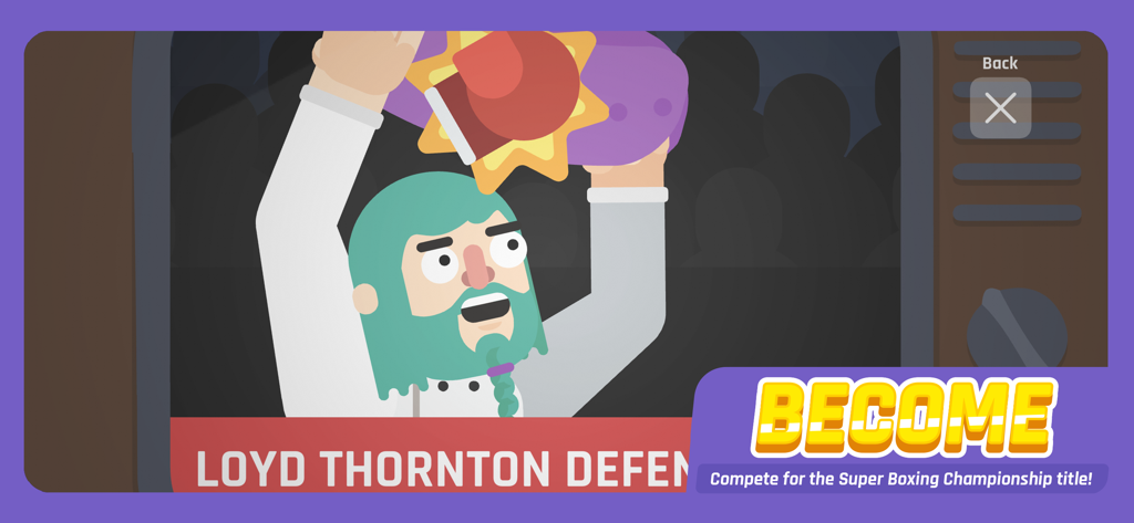 Super Boxing Championship! - A boxer with green hair holding a championship belt on a TV display