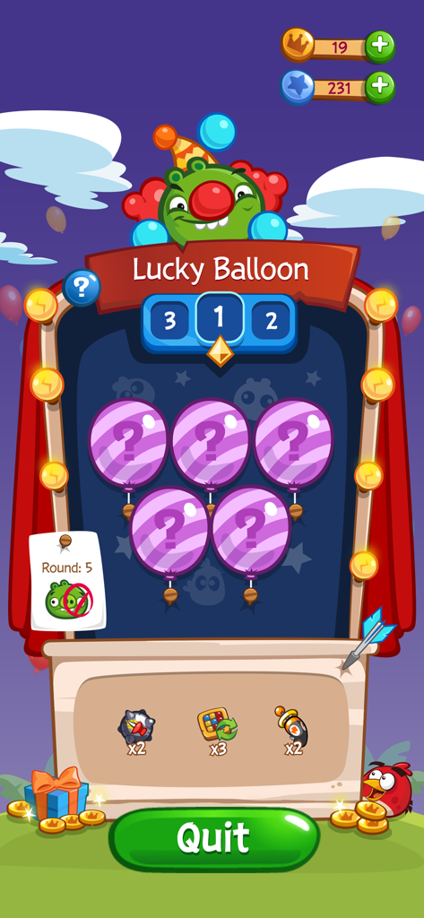 Angry Birds Blast - A screenshot of the Lucky Balloon mini game in Angry Birds Blast featuring mystery prize balloons