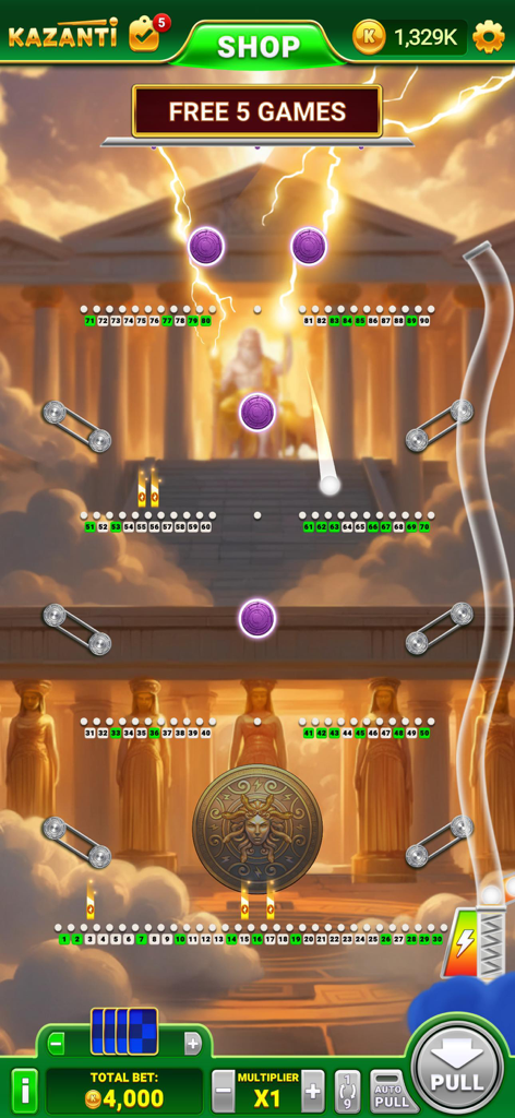 Kazanti: Fortune Tickets - Kazantiのゲームプレイ画面、ギリシャ風のパチンコボードに落ちるボールと宝くじの数字を表示