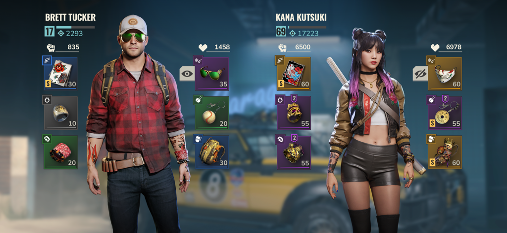 Character profiles for Brett Tucker and Kana Kutsuki showing equipment and stats in Zombie State