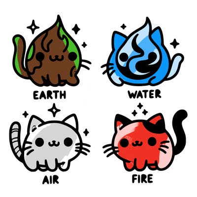 4 cats that represent the different elements, earth, water, air, and fire