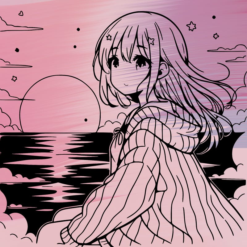 anime girl beside sun set