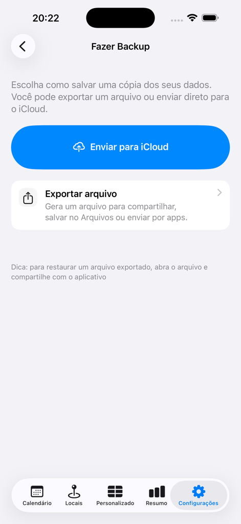 Plantão Fácil - Tela de configurações de backup no aplicativo Plantão Fácil mostrando opções para sincronização com o iCloud e exportação de arquivos.