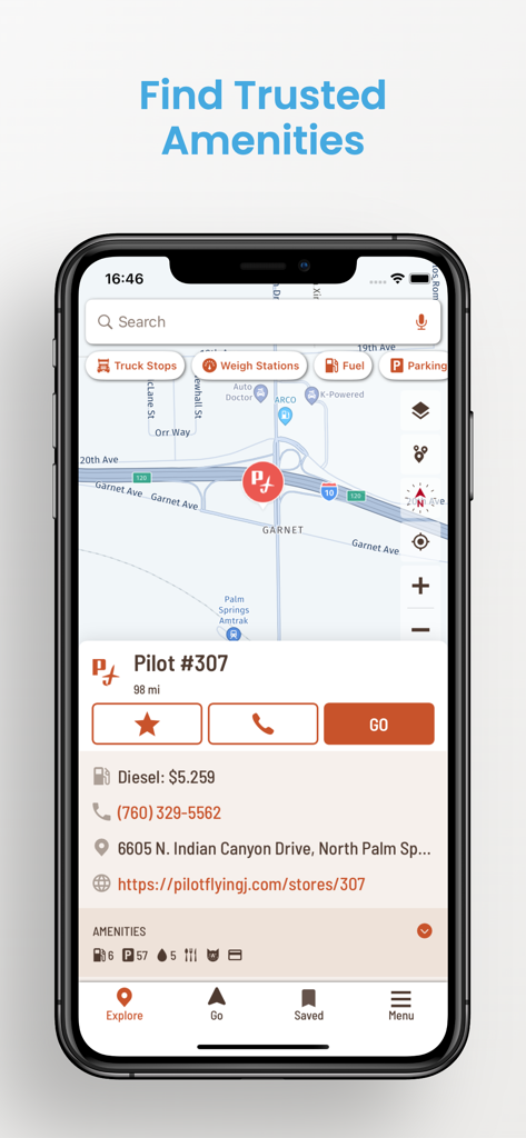 Hammer: Truck GPS & Maps - Hammer Truck GPS app interface showing truck stop details and diesel prices on a map