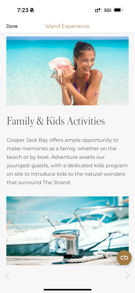 Mobile app screen showing family and kids activities at The Strand Turks and Caicos resort