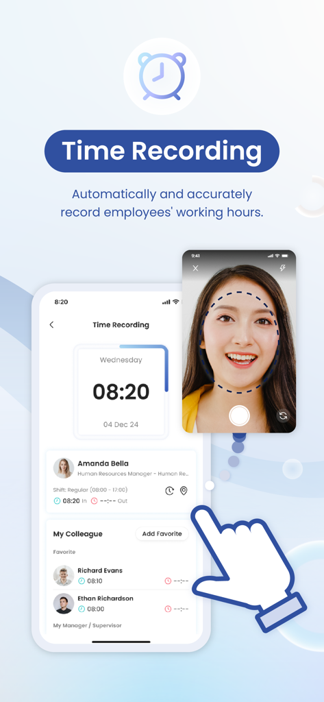 SunFish Mobile - A mobile interface of SunFish Mobile app showing automated time recording and facial recognition for employee clock-in.
