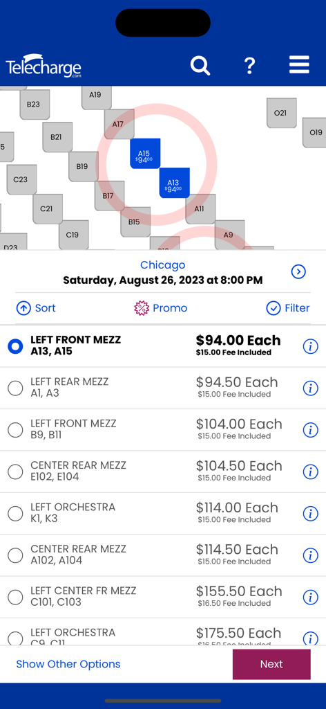 Interactive seating chart and ticket price list for a Broadway show within the Telecharge mobile app interface