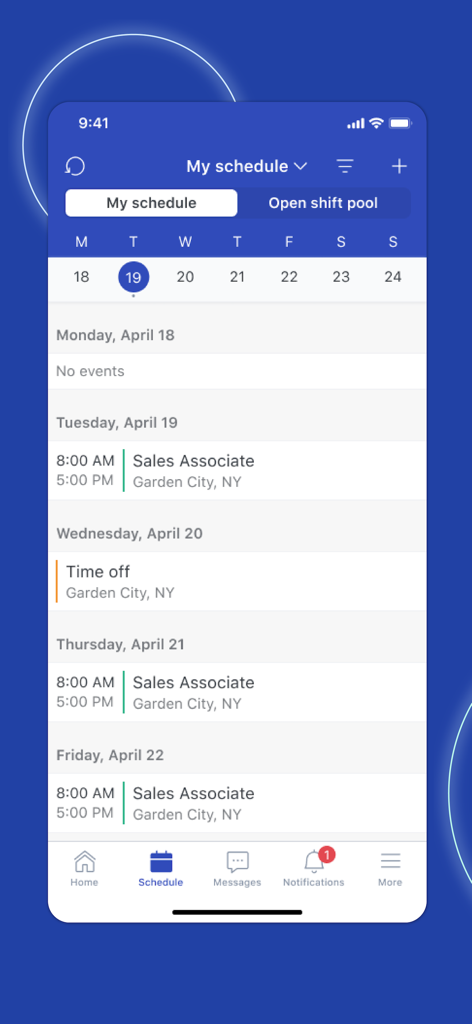WorkJam mobile app screen displaying a weekly work schedule for a retail sales associate.